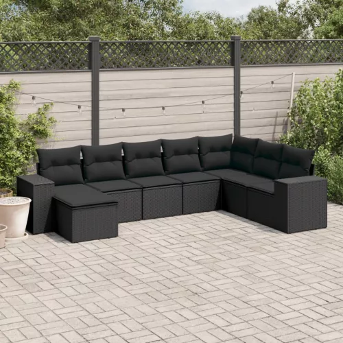  8 részes fekete polyrattan kerti ülőgarnitúra párnákkal