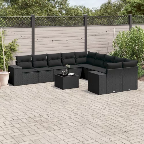  11 részes fekete polyrattan kerti ülőgarnitúra párnákkal