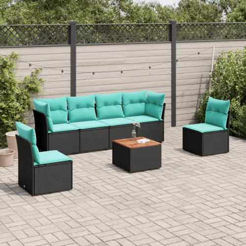  7 részes fekete polyrattan kerti ülőgarnitúra párnákkal