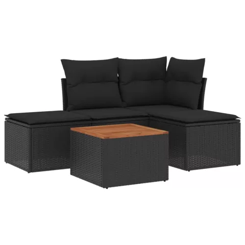  5 részes fekete polyrattan kerti kanapészett párnákkal