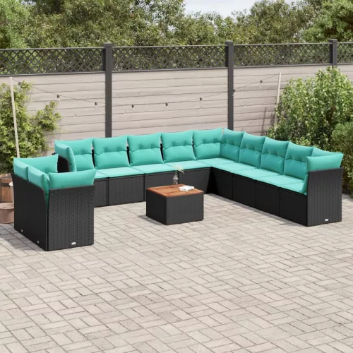  12 részes fekete polyrattan kerti ülőgarnitúra párnákkal