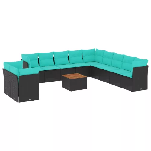  12 részes fekete polyrattan kerti ülőgarnitúra párnákkal