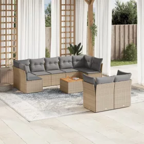    10 részes vegyes bézs polyrattan kerti ülőgarnitúra párnákkal