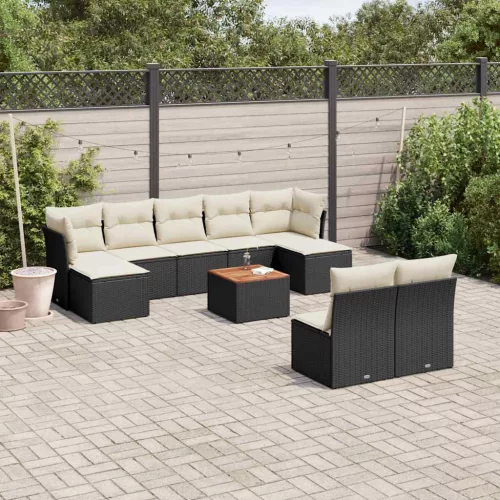  10 részes fekete polyrattan kerti ülőgarnitúra párnákkal