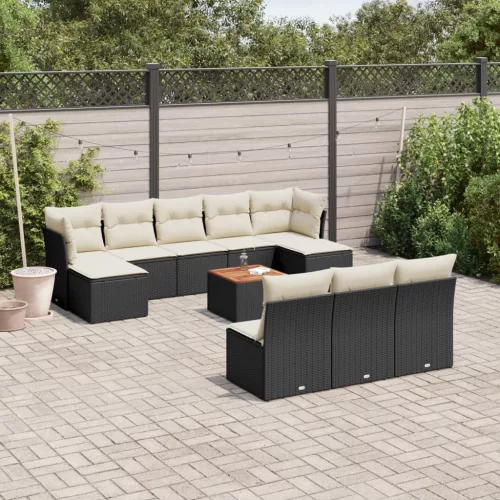  11 részes fekete polyrattan kerti ülőgarnitúra párnákkal