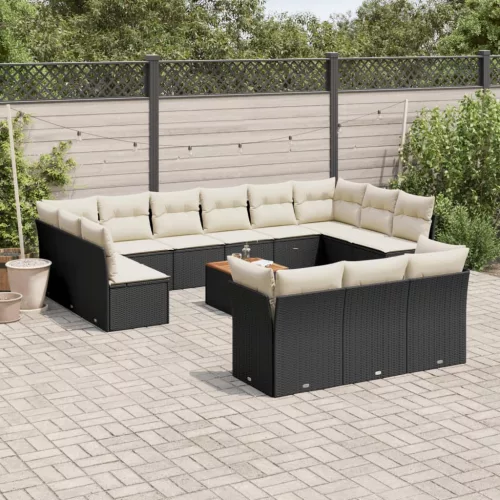  14 részes fekete polyrattan kerti ülőgarnitúra párnákkal