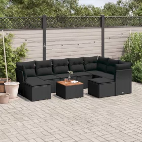    10 részes fekete polyrattan kerti ülőgarnitúra párnákkal