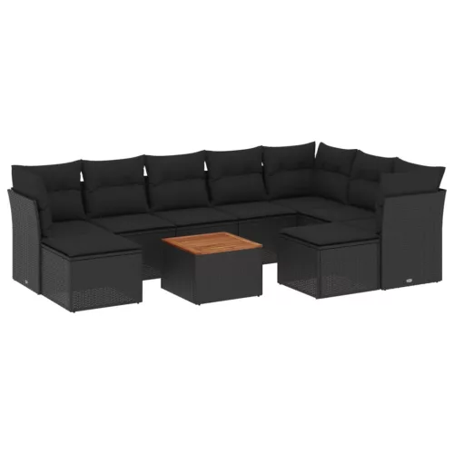  10 részes fekete polyrattan kerti ülőgarnitúra párnákkal