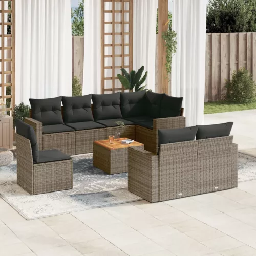  9 részes szürke polyrattan kerti ülőgarnitúra párnákkal