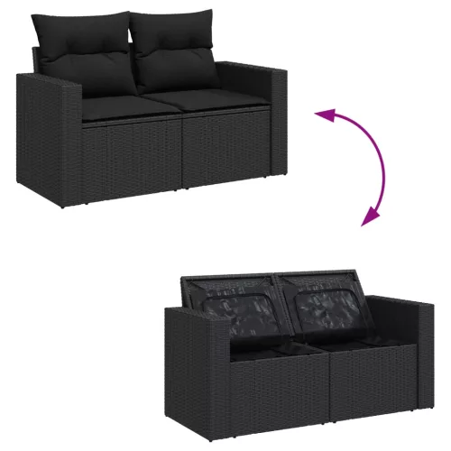  7 részes fekete polyrattan kerti ülőgarnitúra párnával