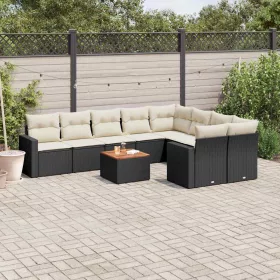    10 részes fekete polyrattan kerti ülőgarnitúra párnákkal