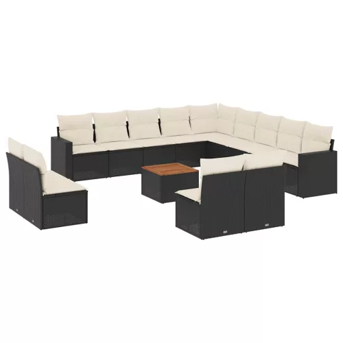  14 részes fekete polyrattan kerti ülőgarnitúra párnákkal