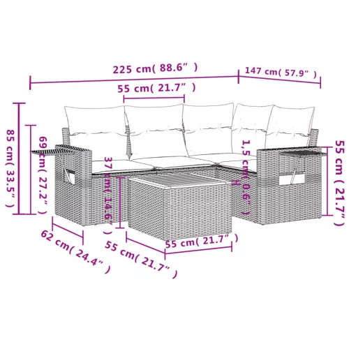  5 részes szürke polyrattan kerti ülőgarnitúra párnákkal