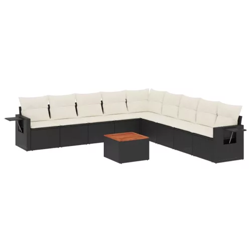  10 részes fekete polyrattan kerti ülőgarnitúra párnákkal
