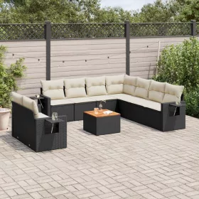    10 részes fekete polyrattan kerti ülőgarnitúra párnákkal