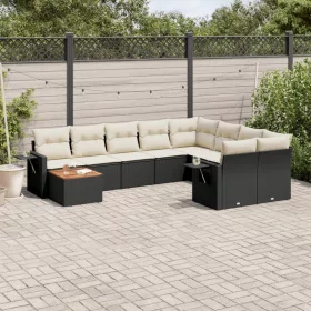    10 részes fekete polyrattan kerti ülőgarnitúra párnákkal