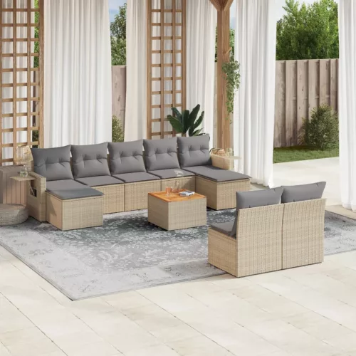  10 részes vegyes bézs polyrattan kerti ülőgarnitúra párnákkal