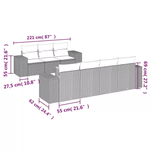  8 részes szürke polyrattan kerti ülőgarnitúra párnákkal