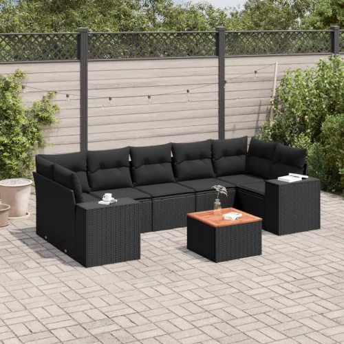  8 részes fekete polyrattan kerti ülőgarnitúra párnákkal