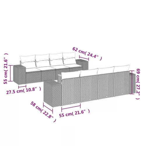  9 részes bézs polyrattan kerti ülőgarnitúra párnákkal