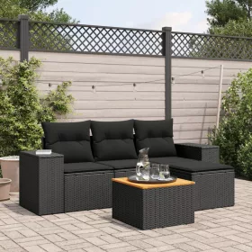  5 részes fekete polyrattan kerti kanapészett párnákkal