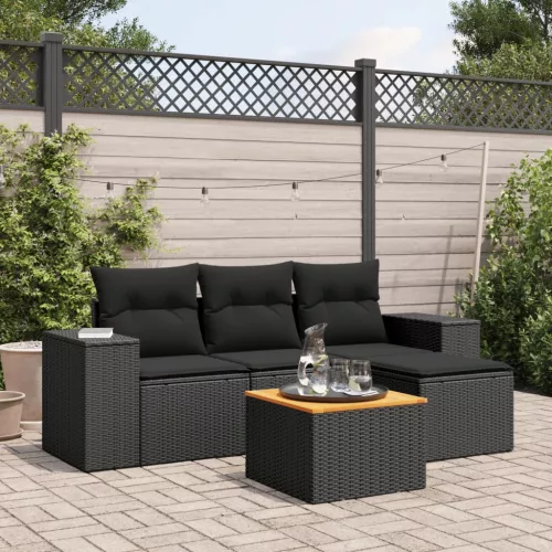  5 részes fekete polyrattan kerti kanapészett párnákkal
