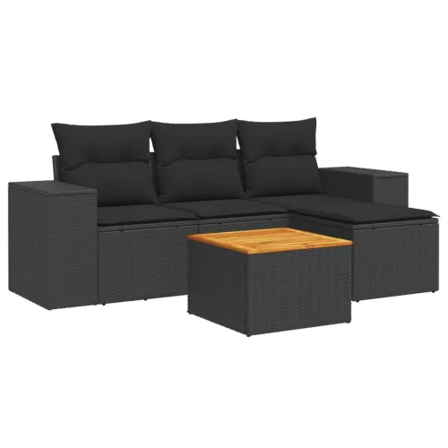  5 részes fekete polyrattan kerti kanapészett párnákkal