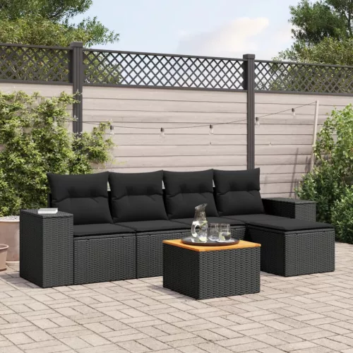  6 részes fekete polyrattan kerti ülőgarnitúra párnákkal