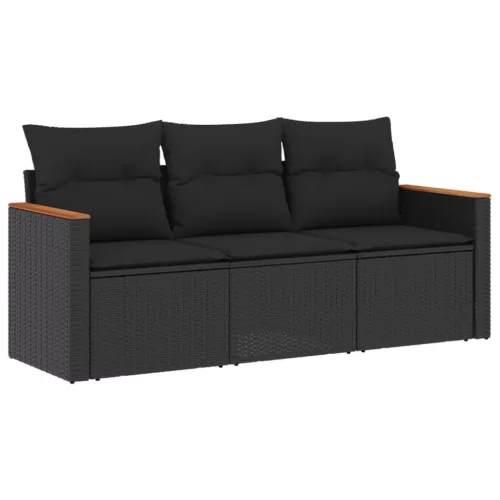  3 részes fekete polyrattan kerti ülőgarnitúra párnával
