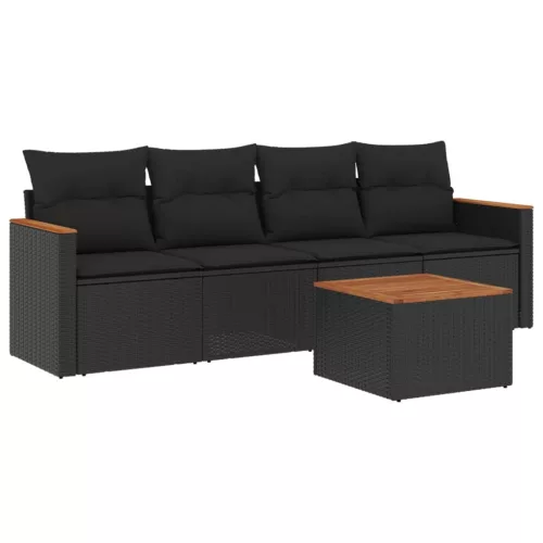  5 részes fekete polyrattan kerti kanapészett párnákkal