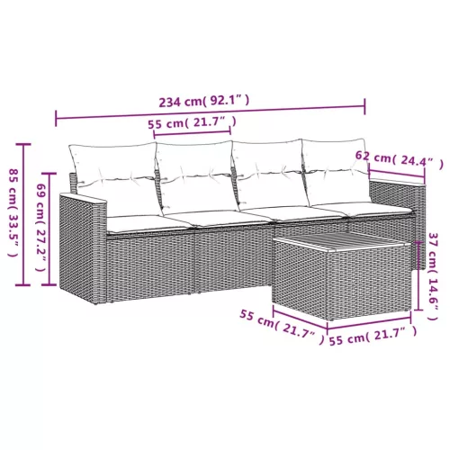  5 részes fekete polyrattan kerti kanapészett párnákkal