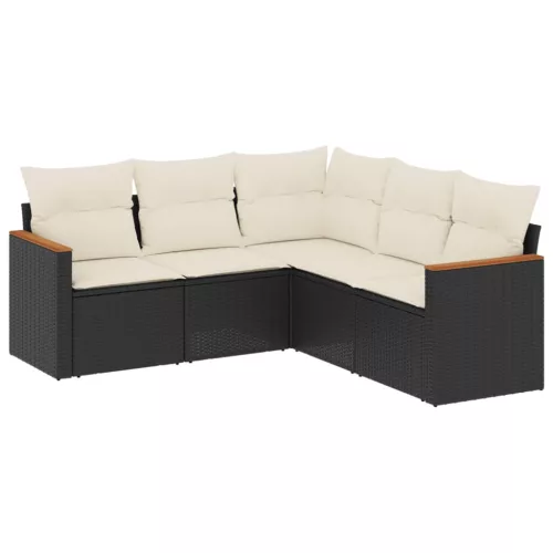  5 részes fekete polyrattan kerti kanapészett párnákkal