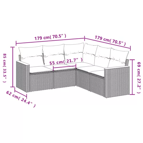  5 részes fekete polyrattan kerti kanapészett párnákkal