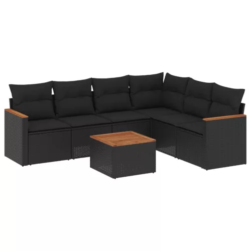  7 részes fekete polyrattan kerti ülőgarnitúra párnával