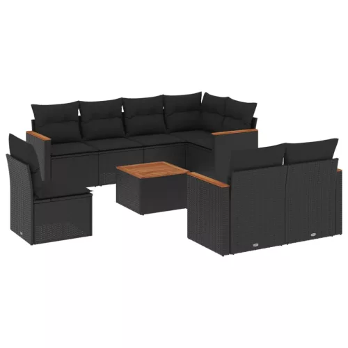  9 részes fekete polyrattan kerti ülőgarnitúra párnákkal