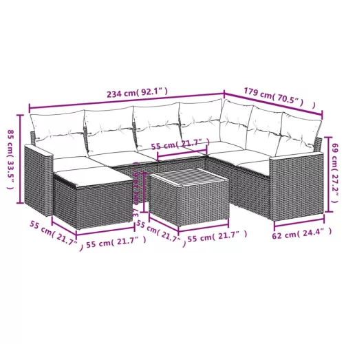  8 részes fekete polyrattan kerti ülőgarnitúra párnákkal