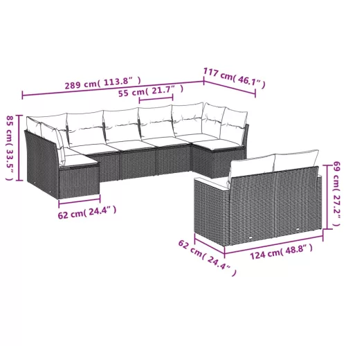  9 részes szürke polyrattan kerti ülőgarnitúra párnákkal