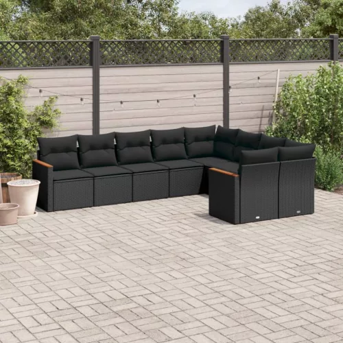  9 részes fekete polyrattan kerti ülőgarnitúra párnákkal