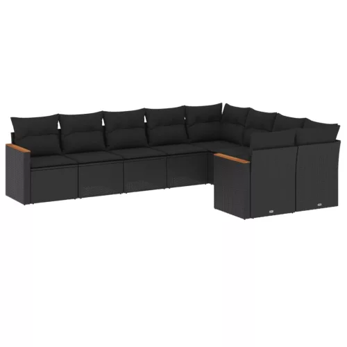  9 részes fekete polyrattan kerti ülőgarnitúra párnákkal