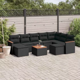    10 részes fekete polyrattan kerti ülőgarnitúra párnákkal