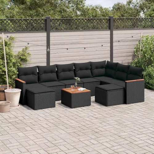  10 részes fekete polyrattan kerti ülőgarnitúra párnákkal