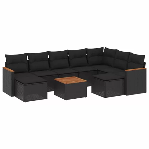  10 részes fekete polyrattan kerti ülőgarnitúra párnákkal