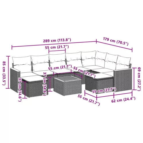  10 részes fekete polyrattan kerti ülőgarnitúra párnákkal