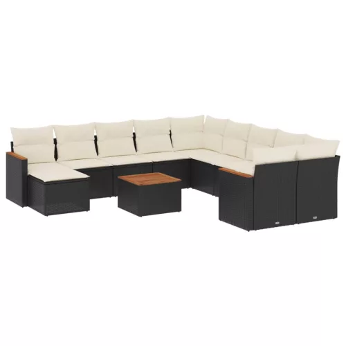  12 részes fekete polyrattan kerti ülőgarnitúra párnákkal