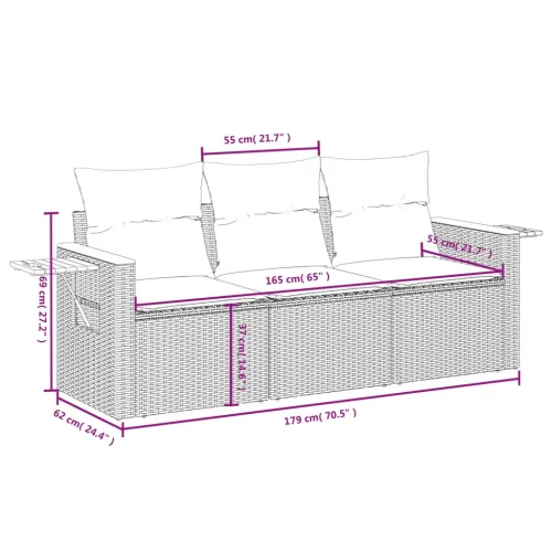  3 részes fekete polyrattan kerti ülőgarnitúra párnával