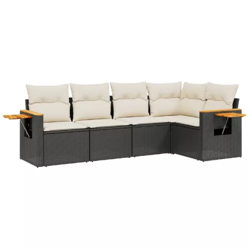  5 részes fekete polyrattan kerti kanapészett párnákkal