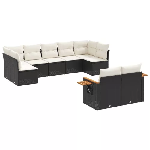  9 részes fekete polyrattan kerti ülőgarnitúra párnákkal