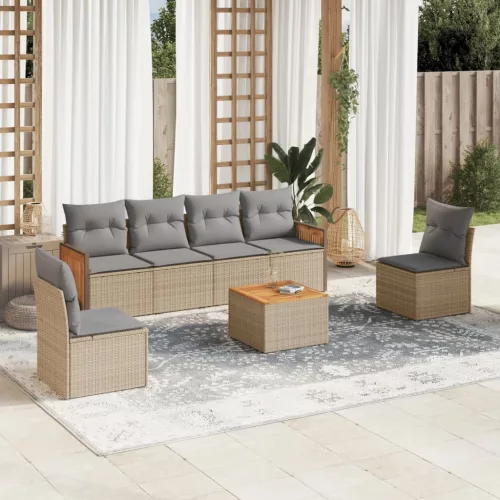  7 részes bézs polyrattan kerti ülőgarnitúra párnákkal