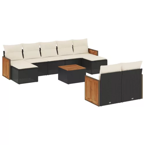  10 részes fekete polyrattan kerti ülőgarnitúra párnákkal