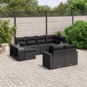    10 részes fekete polyrattan kerti ülőgarnitúra párnákkal